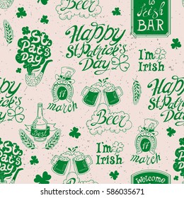 Seamless pattern with elements and lettering  for St. Patrick's Day, which can be used in the design of promotional materials: booklets, menus, flyers, posters, invitations