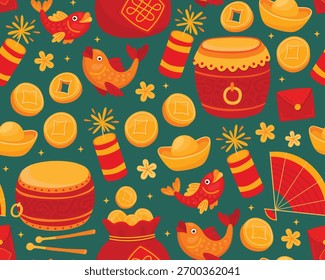 Padrão contínuo com elementos para Ano Novo Lunar, Ano Novo Chinês. Elementos de férias brilhantes, saco de dinheiro de sorte, moedas de ouro, bateria em fundo verde.