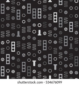 Seamless pattern of the elements of the mechanisms on a dark gray background. Light colors.