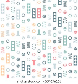 Seamless pattern of the elements of the mechanisms on a white background. Light colors.