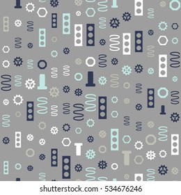 Seamless pattern of the elements of the mechanisms on a gray background. Grey tones.