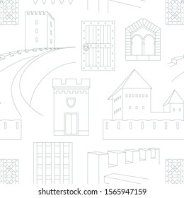 Seamless pattern with elements of medieval castles on white background. Can be used for graphic design, textile design or web design.