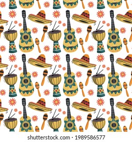 Patrón sin foco con elementos de la cultura mexicana. Imagen de instrumentos musicales mexicanos en forma de caricatura. Guitarra, maracas, sombrero y decoraciones florales.Imprimir en papel o imagen de fondo para layou