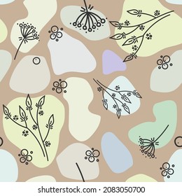 seamless pattern, elements of nature, print on fabric, muted colors, graphic branches and flowers, berries and leaves, Great for print.