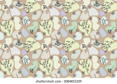 seamless pattern, elements of nature, print on fabric, muted colors, graphic branches and flowers, berries and leaves, Great for print.