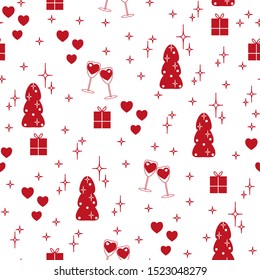 Seamless pattern with elements for New Year and Merry Christmas. Christmas tree, gifts, stars, glass of wine, romantic hearts in red on  white background. Vector drawing for wallpaper, textile, banner