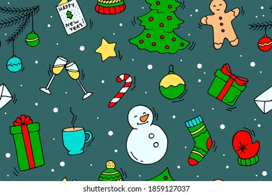Seamless pattern of elements for the New Year and Christmas. Colorful doodle illustration, hand drawn. Vector. Holiday wrapping paper