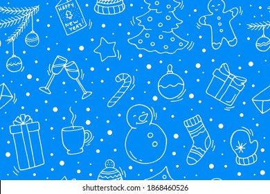 Seamless pattern of elements for the New Year and Christmas. Doodle illustration, hand drawn. Vector. Festive wrapping paper. White outline on blue background.