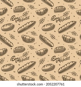 Seamless pattern of elements on a brown background. Bakery products with the inscription "Bon appetit" Wheat ears. Vector illustration in doodle style.