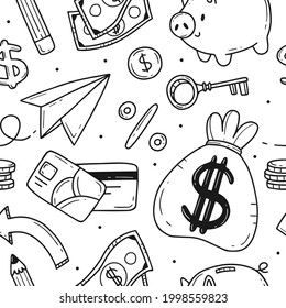 Seamless pattern with elements on the theme of business and finance in cartoon simple doodle style. Black and white vector illustration background.