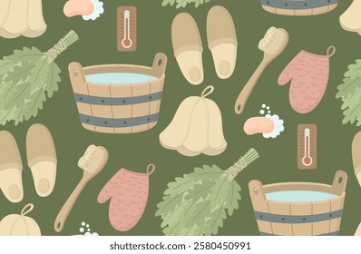 Seamless pattern with elements on the theme of a bath and sauna. Green background with spa and wellness items