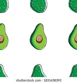 Seamless pattern of elements on a white background. Avocado whole and open. Cartoon style. Comic. Juicy green avocados with a round seed. Suitable for bright fabrics, paper and wall decoration.