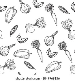 Seamless pattern of elements on white. Vegetables. Vector. Doodle. Vegetables: beets, carrots, peppers, peas and onions. Black and white image. Suitable for coloring, textiles, wrapping papers .