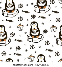 Seamless pattern of elements on a white background. Penguins with soup on an ice floe. Vector. Cartoon. Funny penguins with snowflakes. Suitable for fabric, paper and wallpaper.