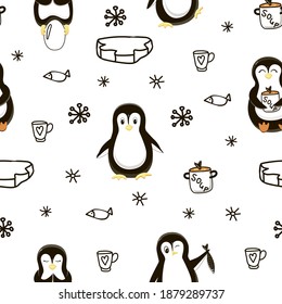 Seamless pattern of elements on a white background. Penguins. Snowflakes, a cup with a heart, a fish. Vector. Cartoon. Penguins are funny. Fish soup. Suitable for fabric, paper and wallpaper.