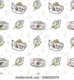 Seamless pattern of elements on a white background. Teapot, cups and autumn leaves. Doodle style vector. Autumn. Suitable for packaging, textiles, wallpaper.