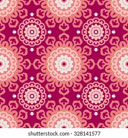 Seamless pattern with elements in oriental style. Fabric or wallpaper texture. Ethnic motifs. Mandala forms in design