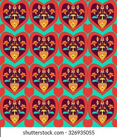 Seamless pattern with elements in Persian style and hearts. Perfect for romantic postcard.