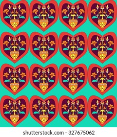 Seamless pattern with elements in persian style and hearts. Perfect for romantic postcard.