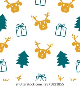 Seamless pattern with elements in pixel style. Christmas illustration.