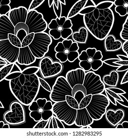 seamless pattern, elements of plants and flowers, coloring in black and white