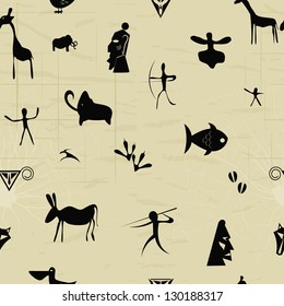 Seamless pattern with elements of primitive painting