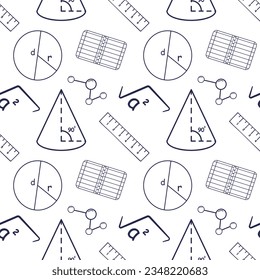 Seamless pattern with elements for school isolated on white background. Geometry cone, indoor triangle, circle, diameter, radius, ruler, exercise book. Dark blue color.