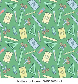 Seamless pattern with elements for school. Rulers, pencils, notepads, scissors on a light green background. School elements. Printing on fabric.