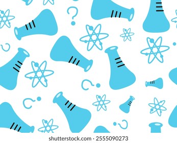 seamless pattern with elements of scientist's flask and question marks