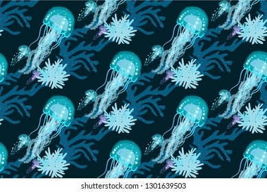 Seamless pattern with elements of the seabed and bright jellyfish. EPS10