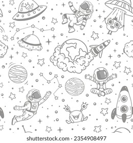 Seamless pattern with elements of space. Monsters, stars, planets, astronauts in doodle style.Vector