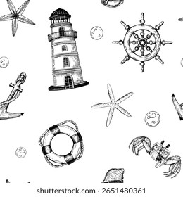 Seamless pattern with elements such as ship wheel, crab, starfish, anchor, lifebuoy. The detailed hand drawn black and white vector illustrations evoke a coastal charm perfect for fabric wallpaper.