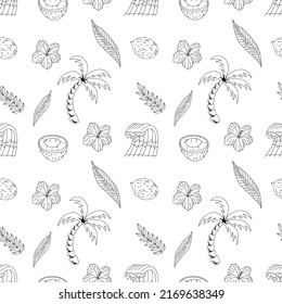 Seamless pattern with elements for surfing. Palm trees, waves and surf boards in the doodle style. Print for textiles, clothing, packaging paper.