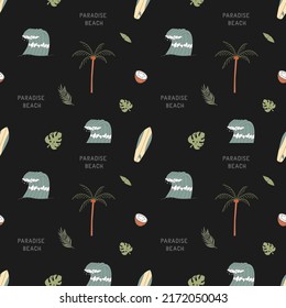Seamless pattern with elements for surfing. Palm trees, waves and surf boards in the doodle style. Print for textiles, clothing, packaging paper.