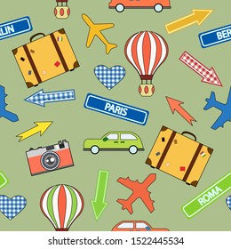 seamless pattern with elements, travel patterns, isolate on a white background, car, plane, camera, suitcase