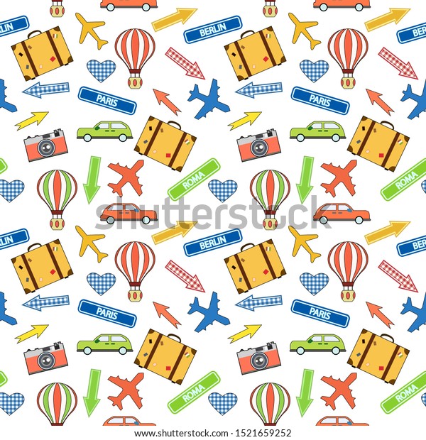 seamless pattern\
with elements, travel patterns, isolate on a white background, car,\
plane, camera,\
suitcase
