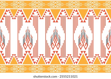 Seamless pattern with elements of tribal geometric patterns, floral motifs, yellow and red colors. Used in weaving, carpets, wallpaper, clothing, curtains, batik, fabrics and embroidery illustrations.