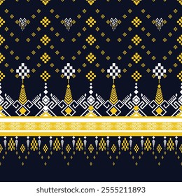 Seamless pattern with elements of tribal geometric patterns, floral motifs, yellow and white colors. Used in weaving, carpets, wallpaper, curtains, batik, fabrics and embroidery illustrations.