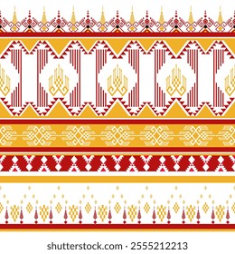 Seamless pattern with elements of tribal geometric patterns, floral motifs, yellow and red colors. Used in weaving, carpets, wallpaper, clothing, curtains, batik, fabrics and embroidery illustrations.