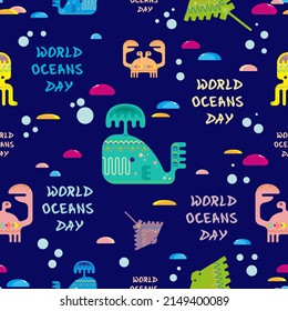 Seamless pattern with elements of the underwater world and marine life on a dark background for World Oceans Day