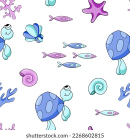 Seamless pattern with elements of the underwater world on a white background. Cartoon vector illustrtion for print, fabrics, wallpaper.