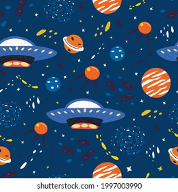 Seamless pattern with elements of the universe. Planets, stars and the milky way, flying saucer, ufo. Colorful vector illustration hand drawn. Print or packaging, textile or card