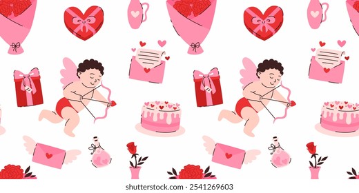 Patrón sin fisuras con Elementos para el día de San Valentín. Cupido, flores, cartas de amor, dulces, regalos, corazones. Ilustración vectorial plana.