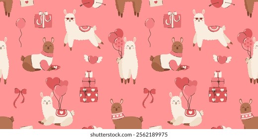 Seamless pattern with elements for Valentine's Day. Cartoon alpaca with balls, gifts, hearts, love letter, bow. Flat vector illustration.