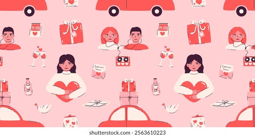 Seamless pattern with elements for Valentine's Day. Gifts, couple in love, hearts, letters, car with gifts, calendar. Flat vector illustration.