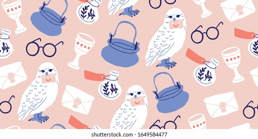 Seamless pattern: elements for witches at school of magic in doodle style - owl, potion, round glasses, pot, kettle, white owl, letter, grail, goblet. Kids magic pattern