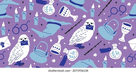 Seamless pattern: elements for witches and wizards in doodle style - owl, potion, round glasses, pot, kettle, white owl, letter, grail, goblet, witch hat, candles, book of spells. Kids magic pattern