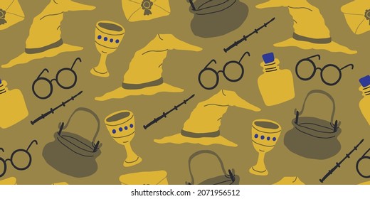 Seamless pattern: elements for witches and wizards in doodle style - owl, potion, round glasses, pot, kettle, white owl, letter, grail, goblet, witch hat, candles, letter. Kids magic pattern vintage