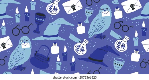 Seamless pattern: elements for witches and wizards in doodle style - owl, potion, round glasses, owl, letter, grail, goblet, witch hat, candles, letter. Kids magic pattern in eclectic blue