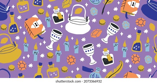 Seamless pattern: elements for witches and wizards in doodle style - owl, potion, round glasses, pot, kettle, letter, grail, goblet, candles, book of spells. Kids magic pattern